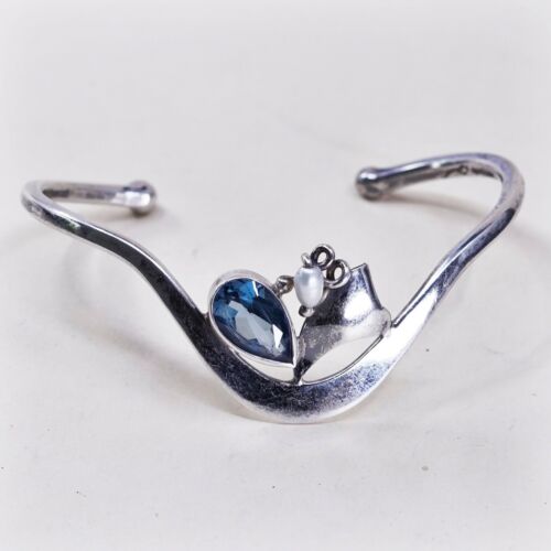 6”, Vtg Sam Sonly sterling 925 Silver cuff Bracelet W/ Pearl N Teardrop Topaz