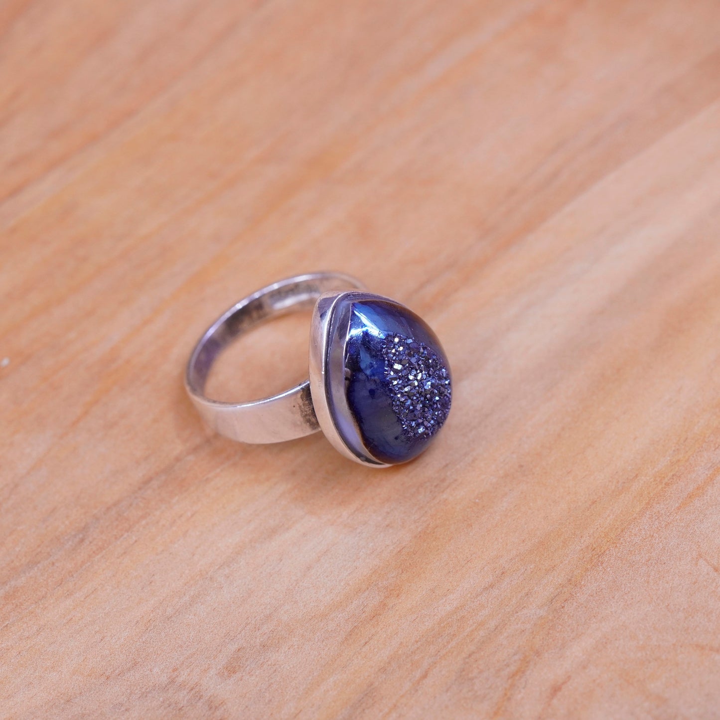 Size 7.25, Sterling 925 silver handmade ring with teardrop metallic druzy stone
