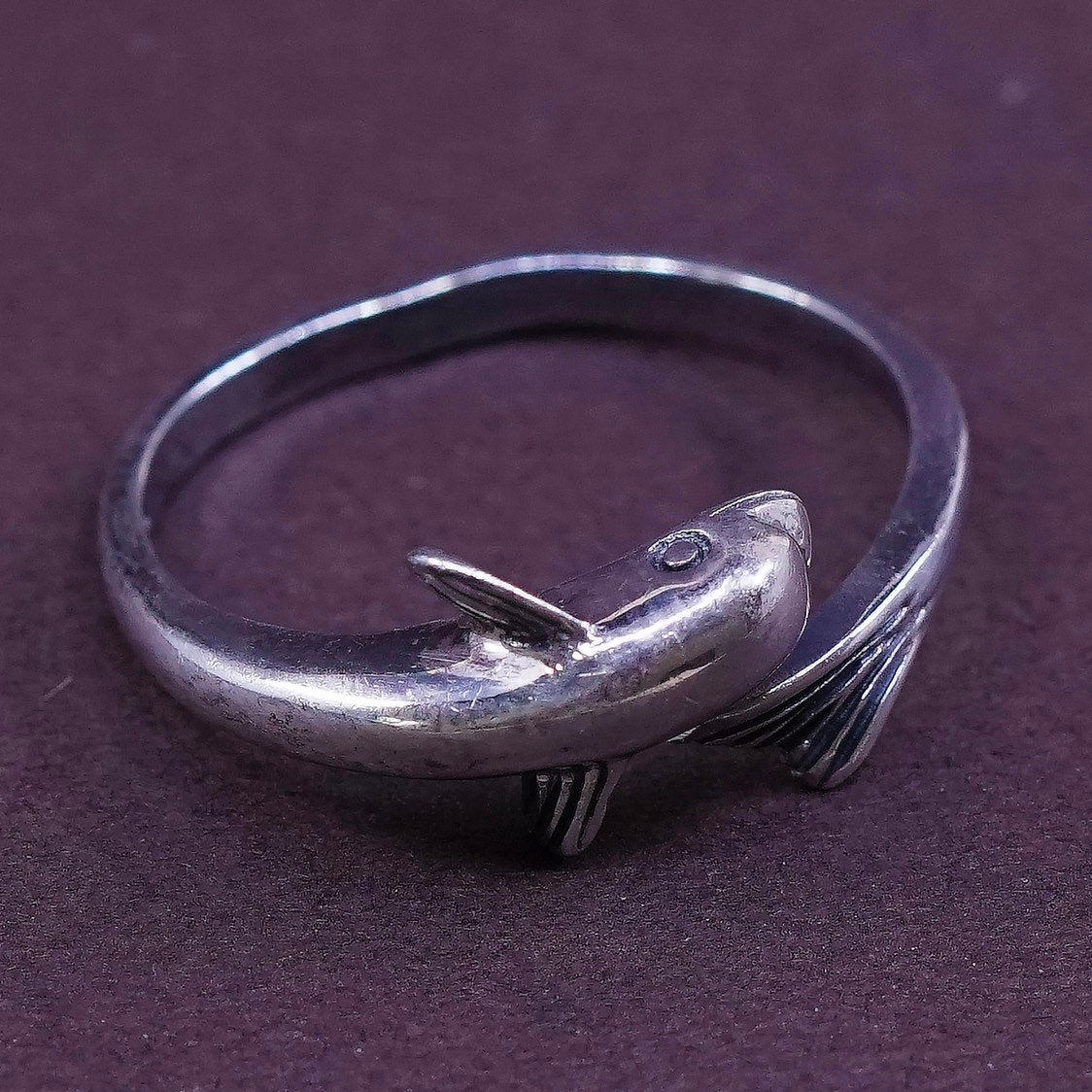 sz 7.5, VTG Sterling silver handmade ring, 925 wrap dolphin band