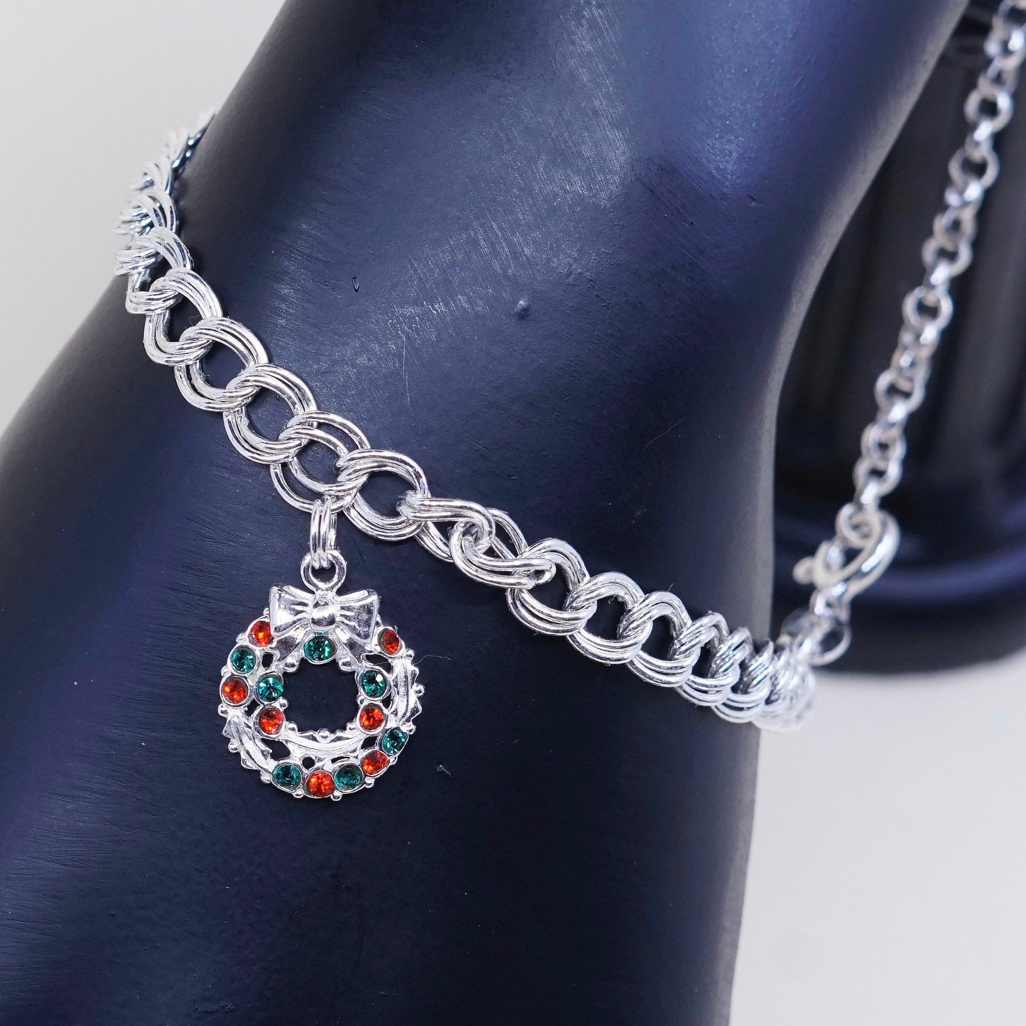 9.5”, sterling silver double curb bracelet anklet, italy 925 w/ wreath charm