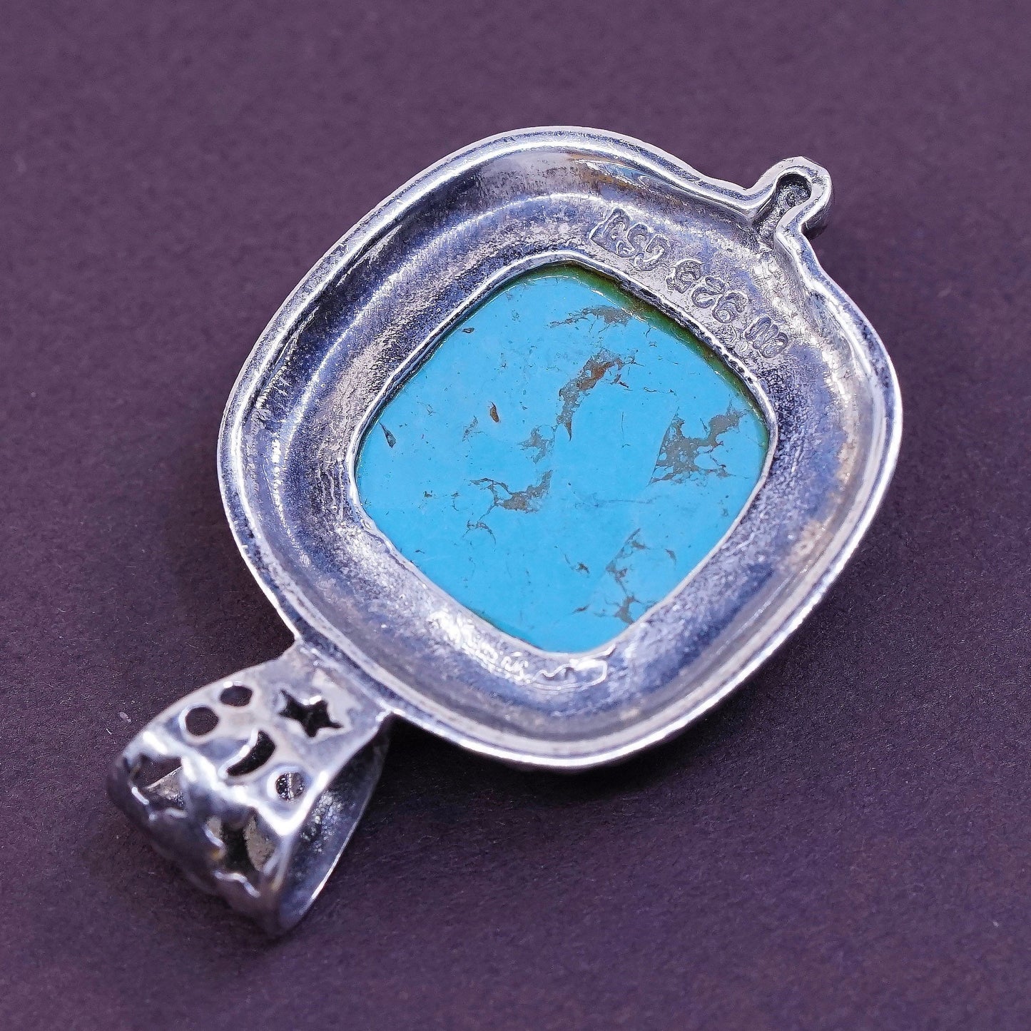 GSN Sterling silver handmade square pendant, Mexico 925 w/ turquoise N cable