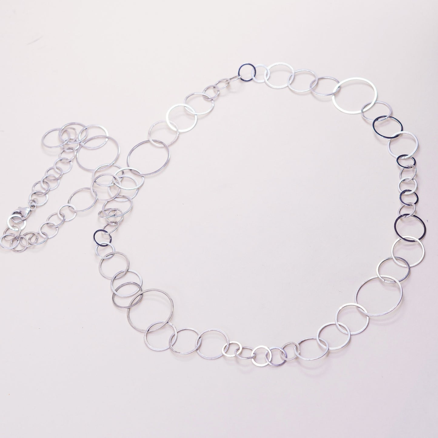 36”, vintage Sterling 925 silver flatten circle extra long necklace