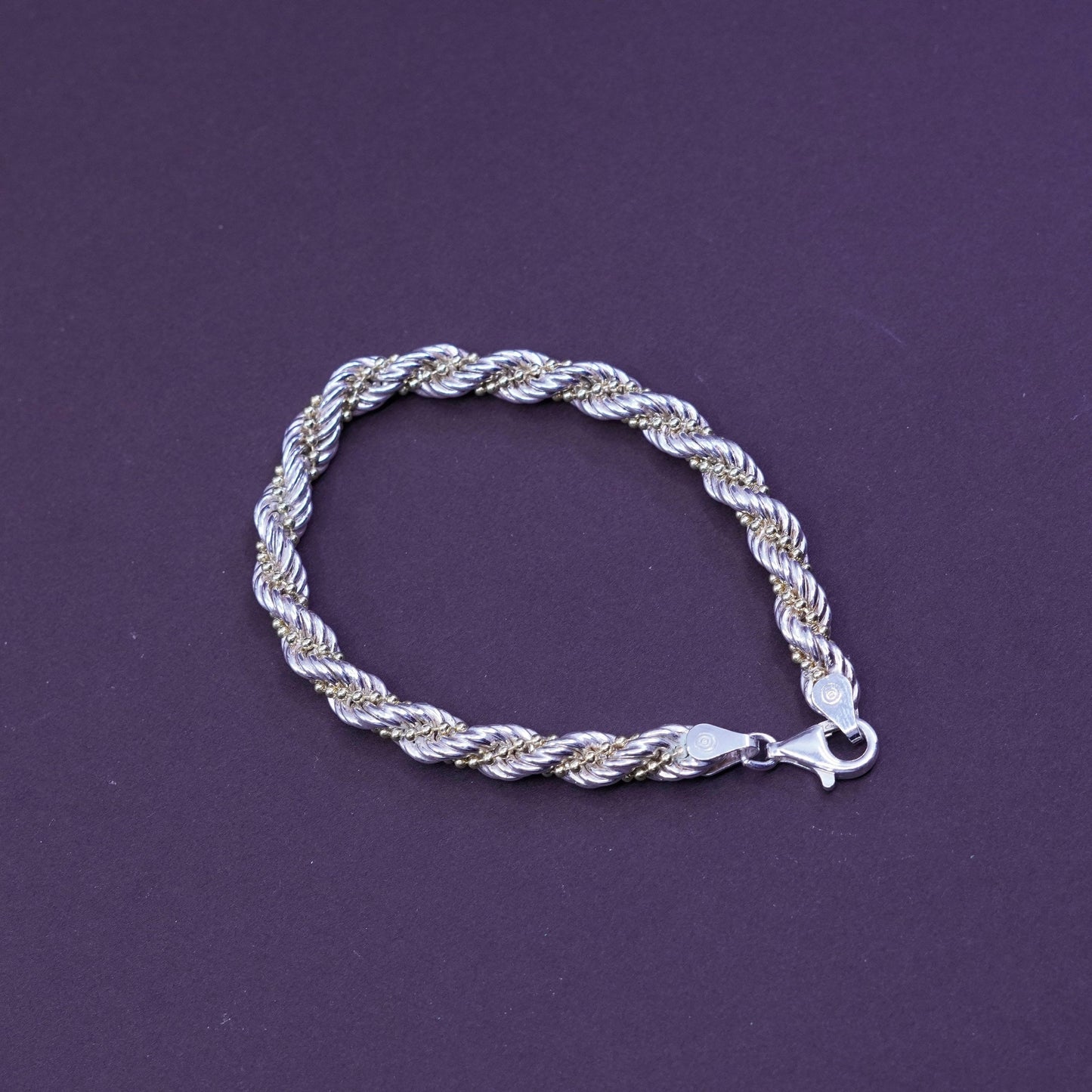 7”, Sterling silver bracelet, Italy 925 rope twisted with 14K gold beads chain