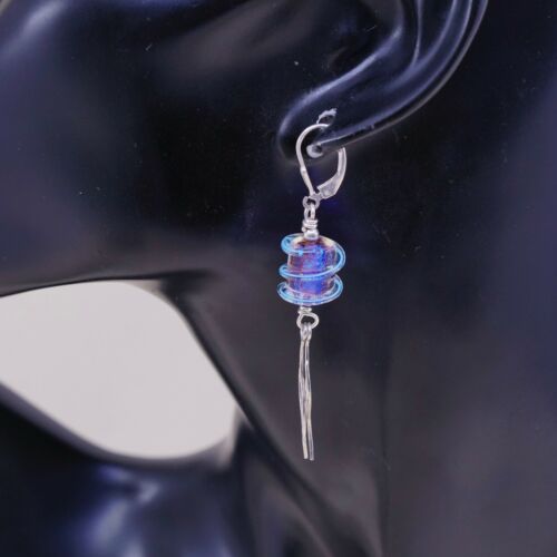 Vintage simple handmade Sterling 925 Silver Earrings w/ Blue Foiled Glass