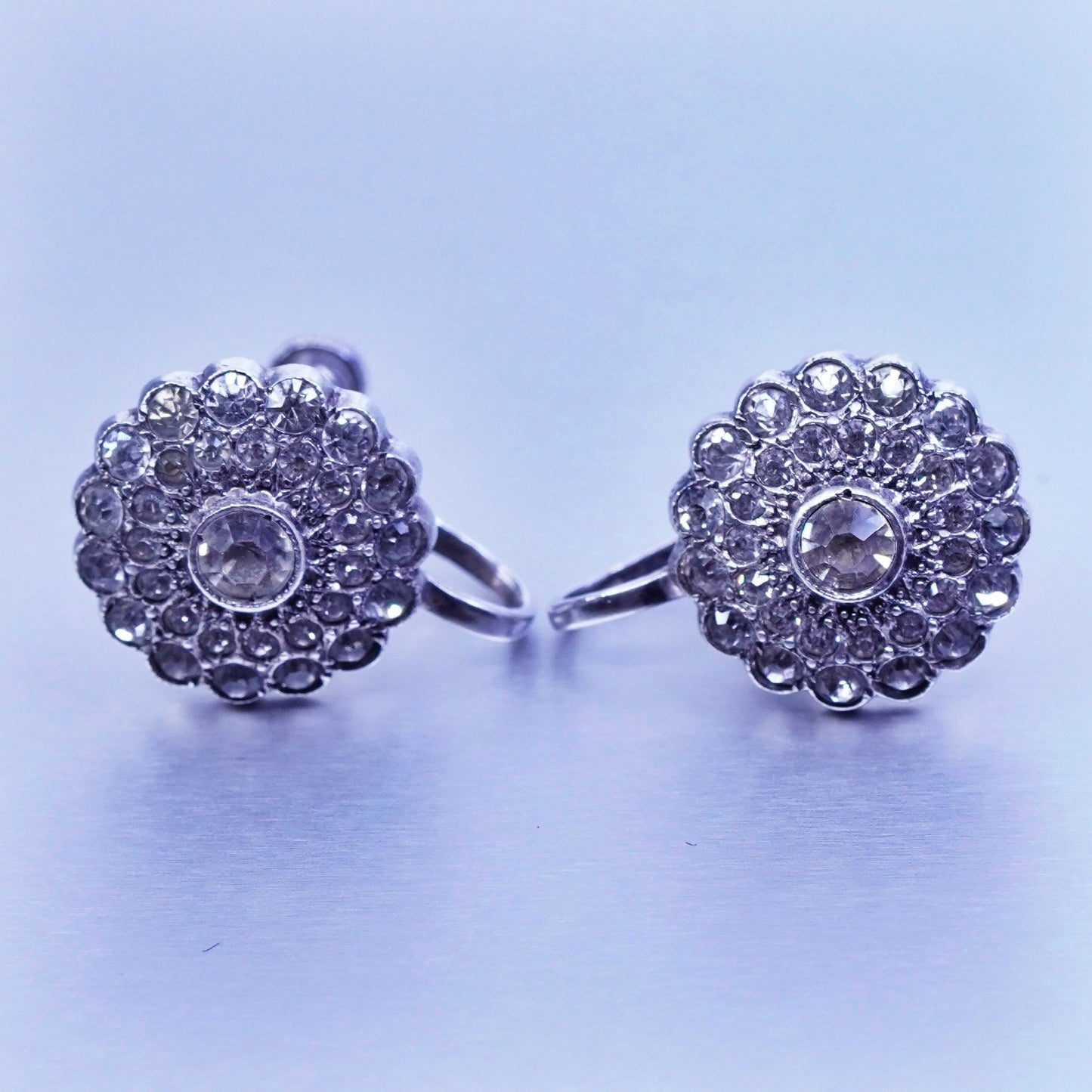 modern Sterling 925 silver handmade earrings, screw back flower w/ cluster Cz