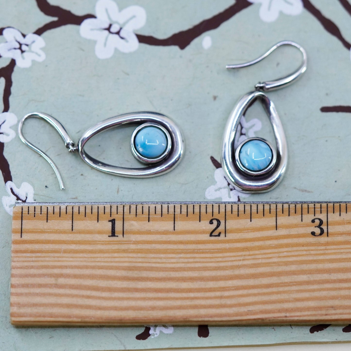 Vintage Sterling silver handmade earrings, 925 teardrop with Larimar
