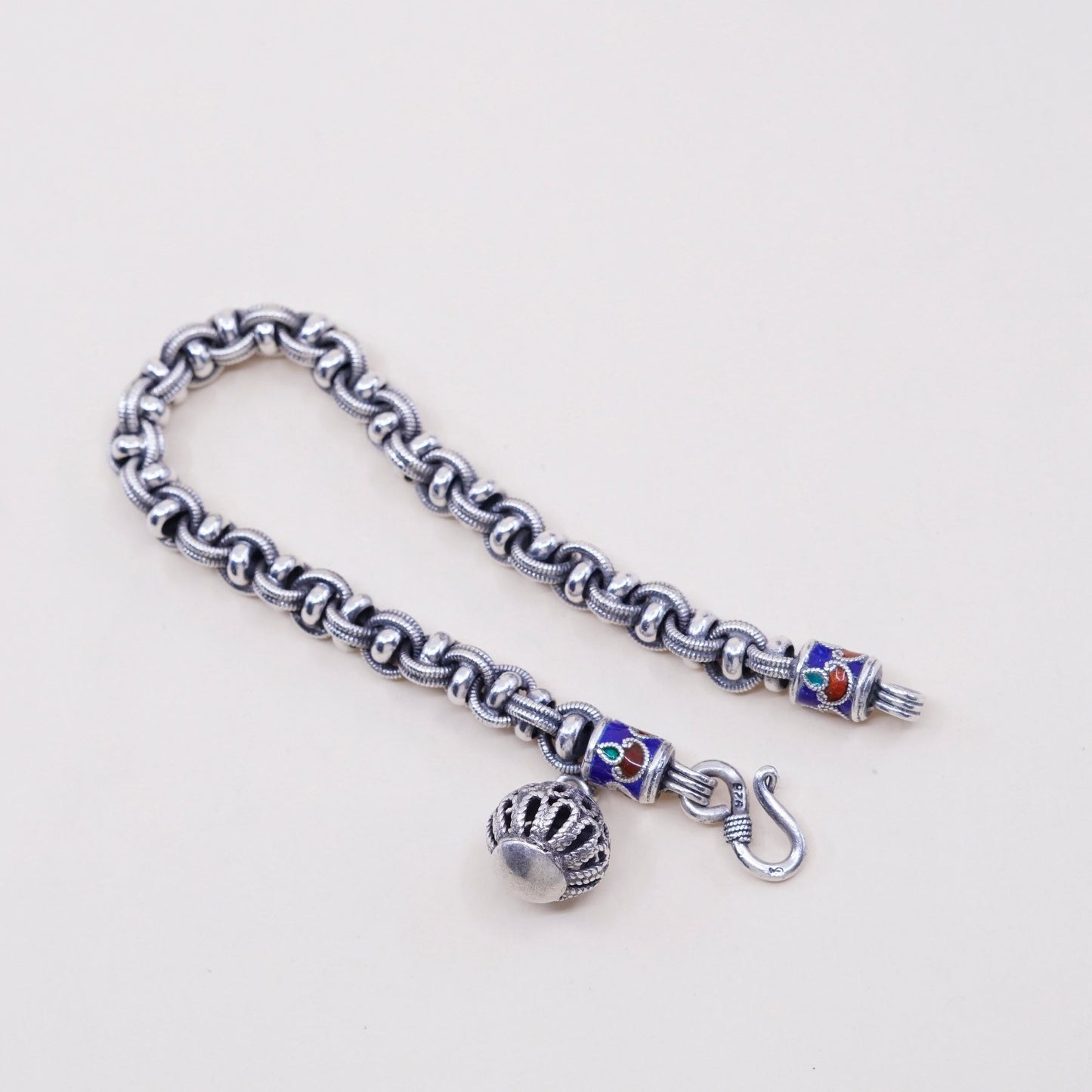 6.75, 7mm, bold Sterling 925 silver handmade bracelet, Byzantine birdcage chain