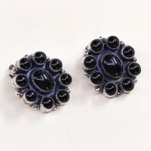 Vtg Navajo Leo Feeney Anglo Sterling Silver Handmade Earrings, Clip On Obsidian