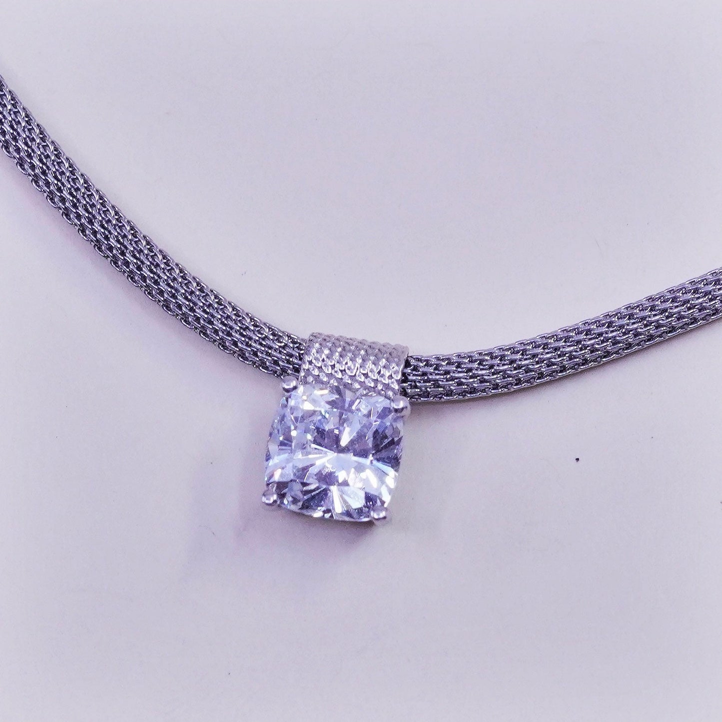 16”, vintage Italy Sterling silver necklace, 925 mesh chain with cz pendant