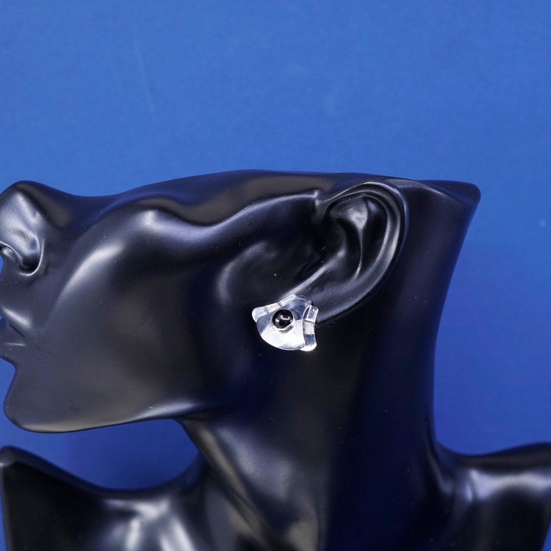 modern SM sterling silver handmade earrings, mexico 925 studs w/ obsidian