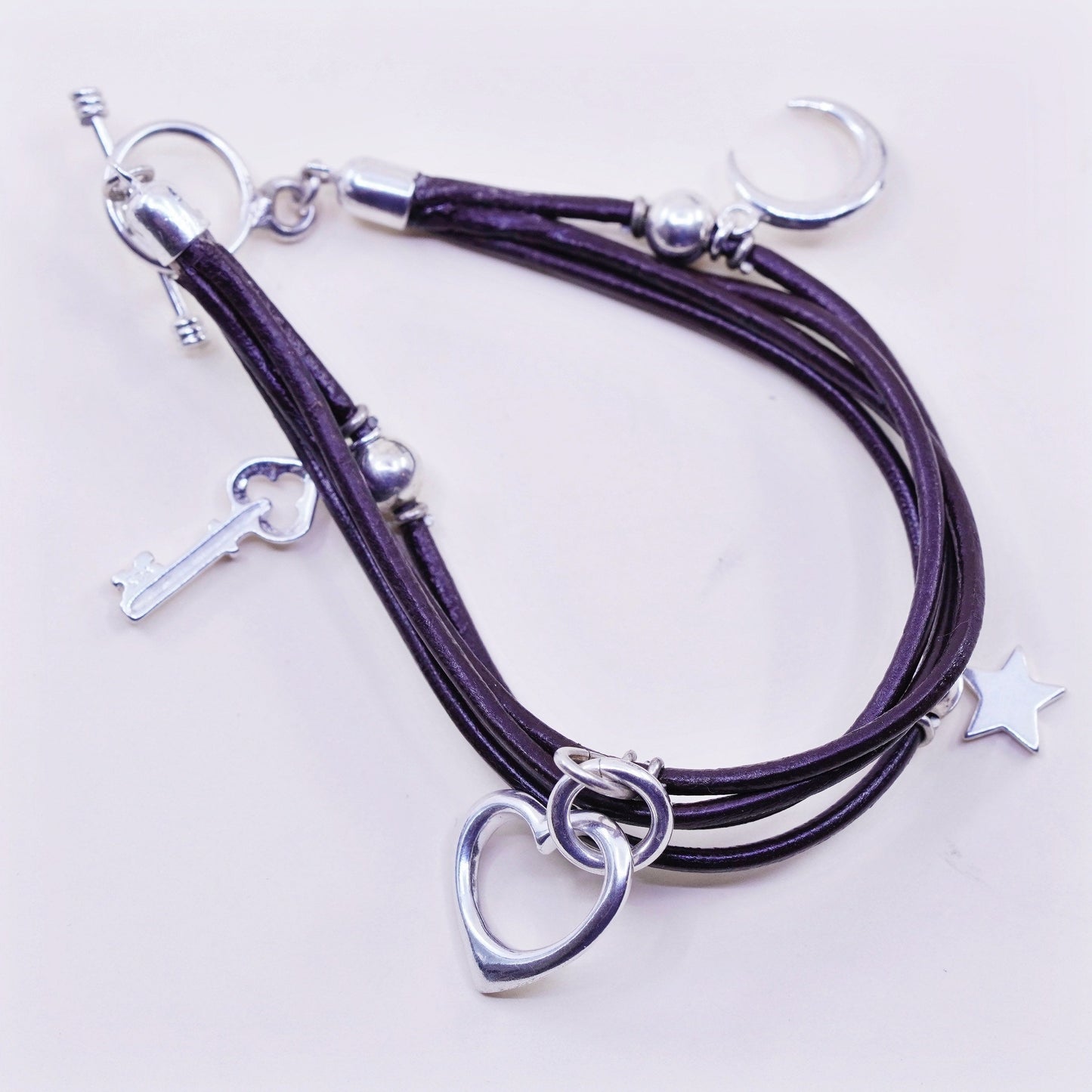 6.75”, Sterling 925 silver handmade moon star heart bracelet with leather core