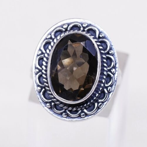 Sz 6.75, Vtg Sterling Silver Handmade Ring, 925 Cocktail Ring W/ Smoky topaz