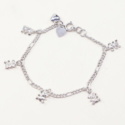 6.75”, 3mm, Vtg Sterling Silver Bracelet 925 Figaro Chain W/ Bear N Heart Charm