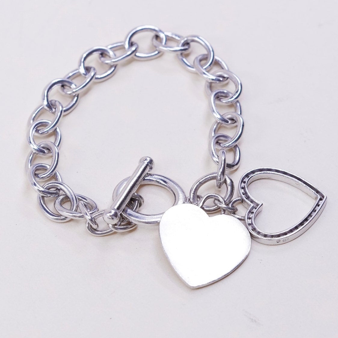 6.75", VTG sterling silver handmade circle bracelet, 925 w/ diamond heart charm