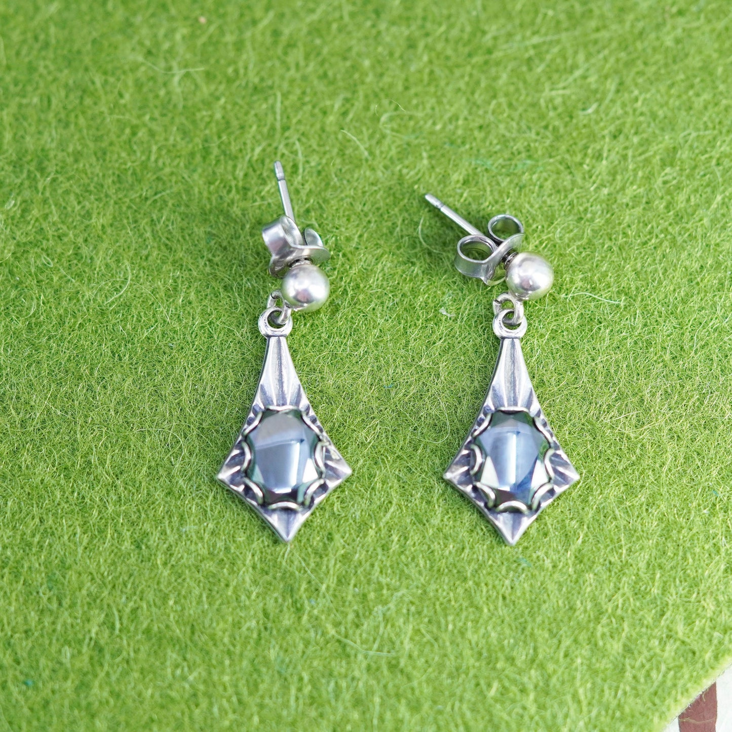 Vintage 925 Sterling silver handmade earrings with teardrop hematite