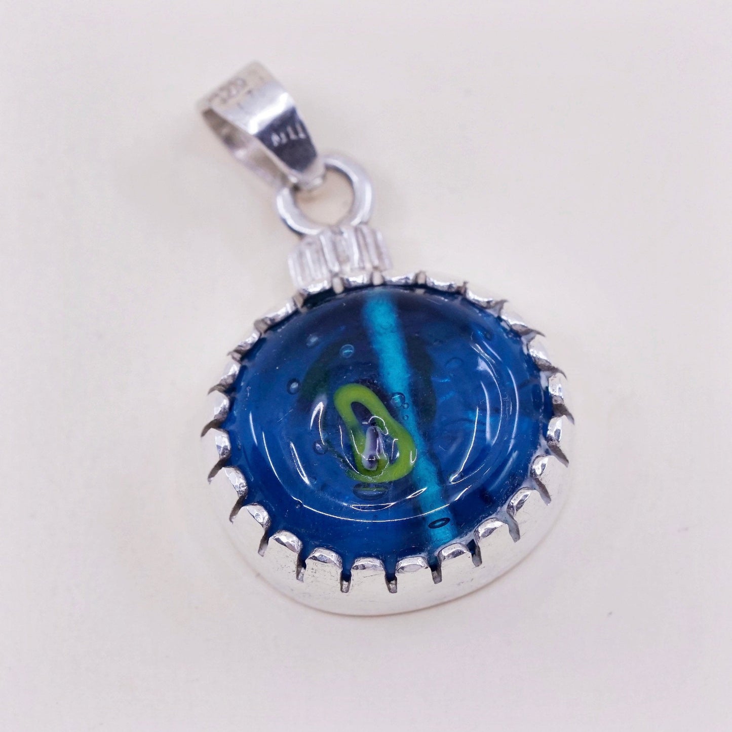 Vintage sterling 925 silver with handmade artisan blue glass pendant
