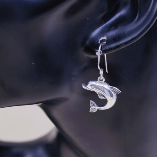 Vintage Sterling 925 Silver Handmade Dolphin Fishy dangle earrings, Stamped 925