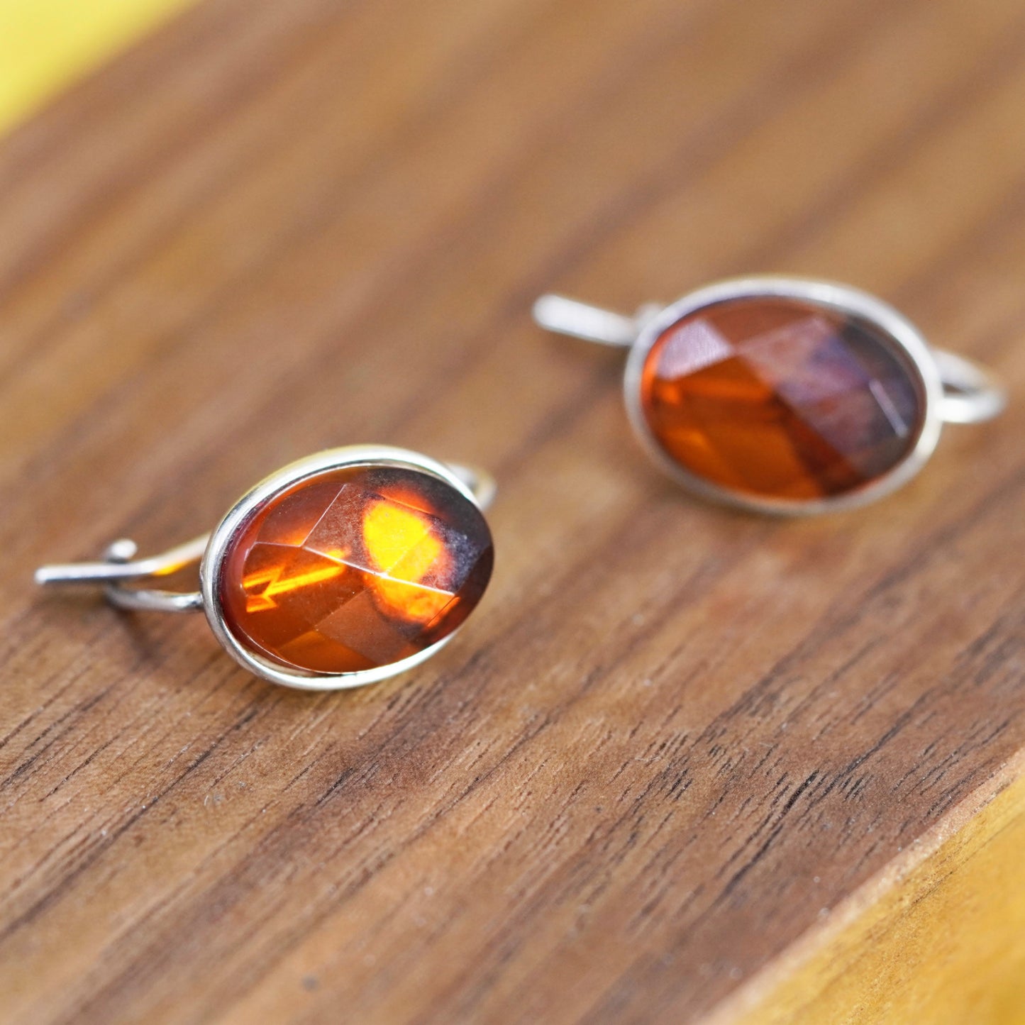Vintage Sterling 925 silver handmade earrings with oval Amber