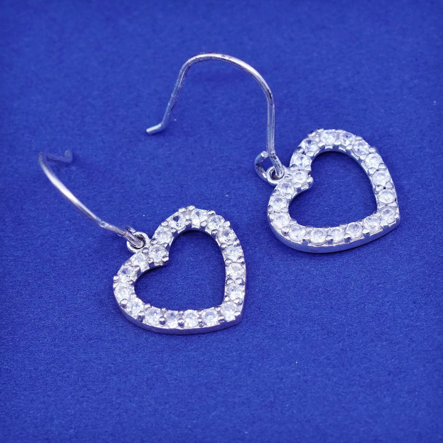 Vintage Sterling 925 silver handmade earrings, with heart Dangle and Cz