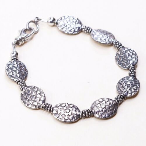 7” Vintage Sterling Silver Handmade Bracelet, 925 Flatten Oval Charms
