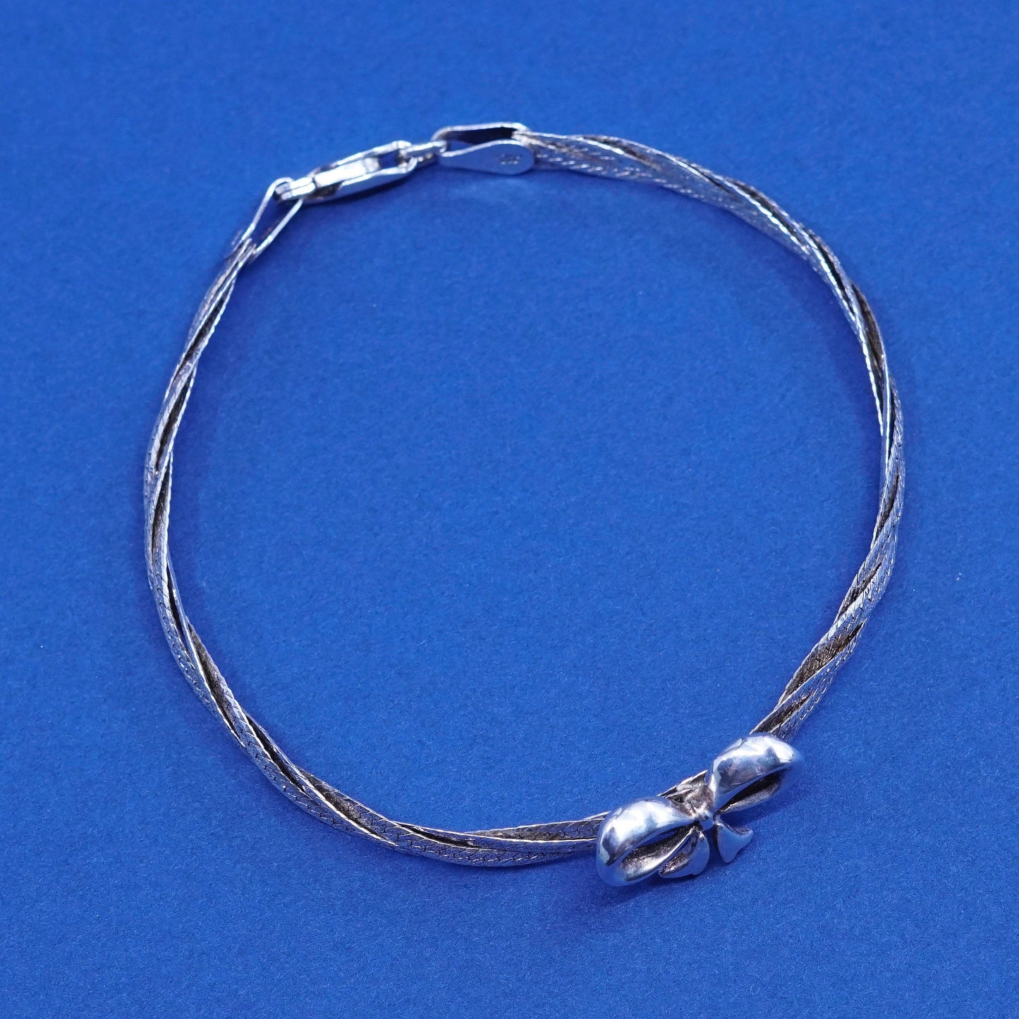 7”, Sterling silver handmade bracelet 925 twisted herringbone w/ bow tie ribbon