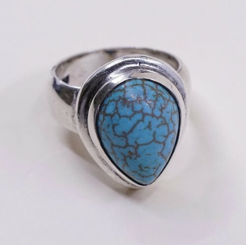 Sz 8.5, Vtg Sterling Silver Handmade Ring W/ Teardrop Turquoise, Stamped 925