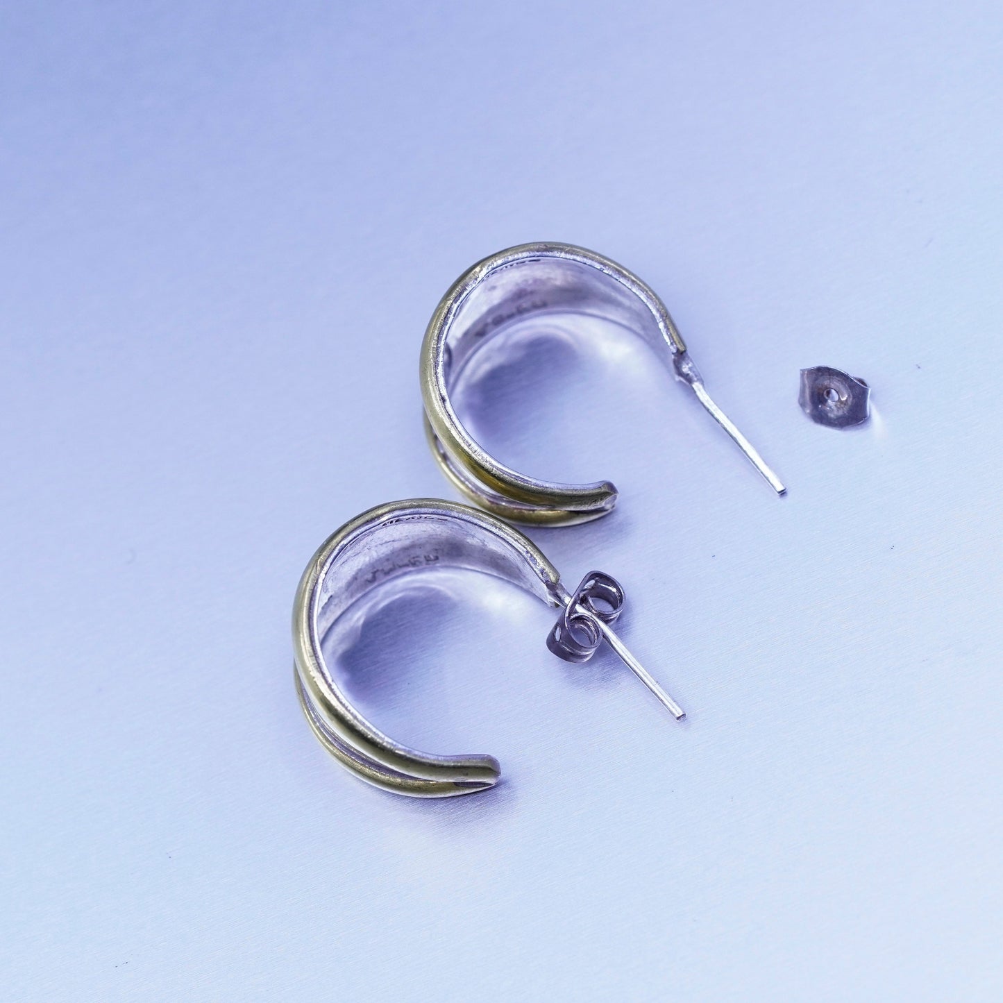 0.75”, two tone Sterling silver earrings, modern 925 Huggie hoops brass trim