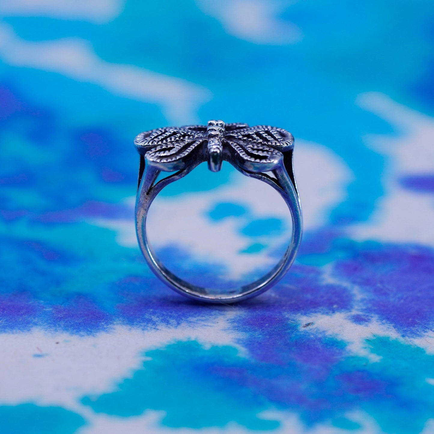 Size 7, vintage sterling silver handmade ring, 925 filigree butterfly band