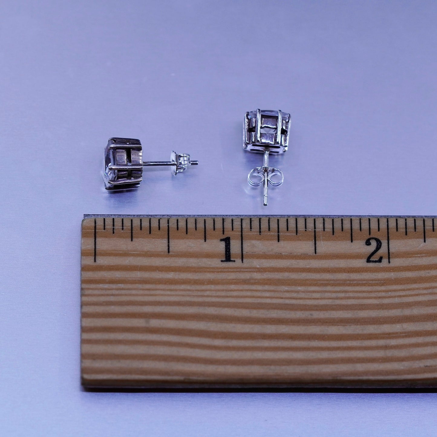 8mm, Vintage Sterling 925 silver earrings, studs with square cz inlay
