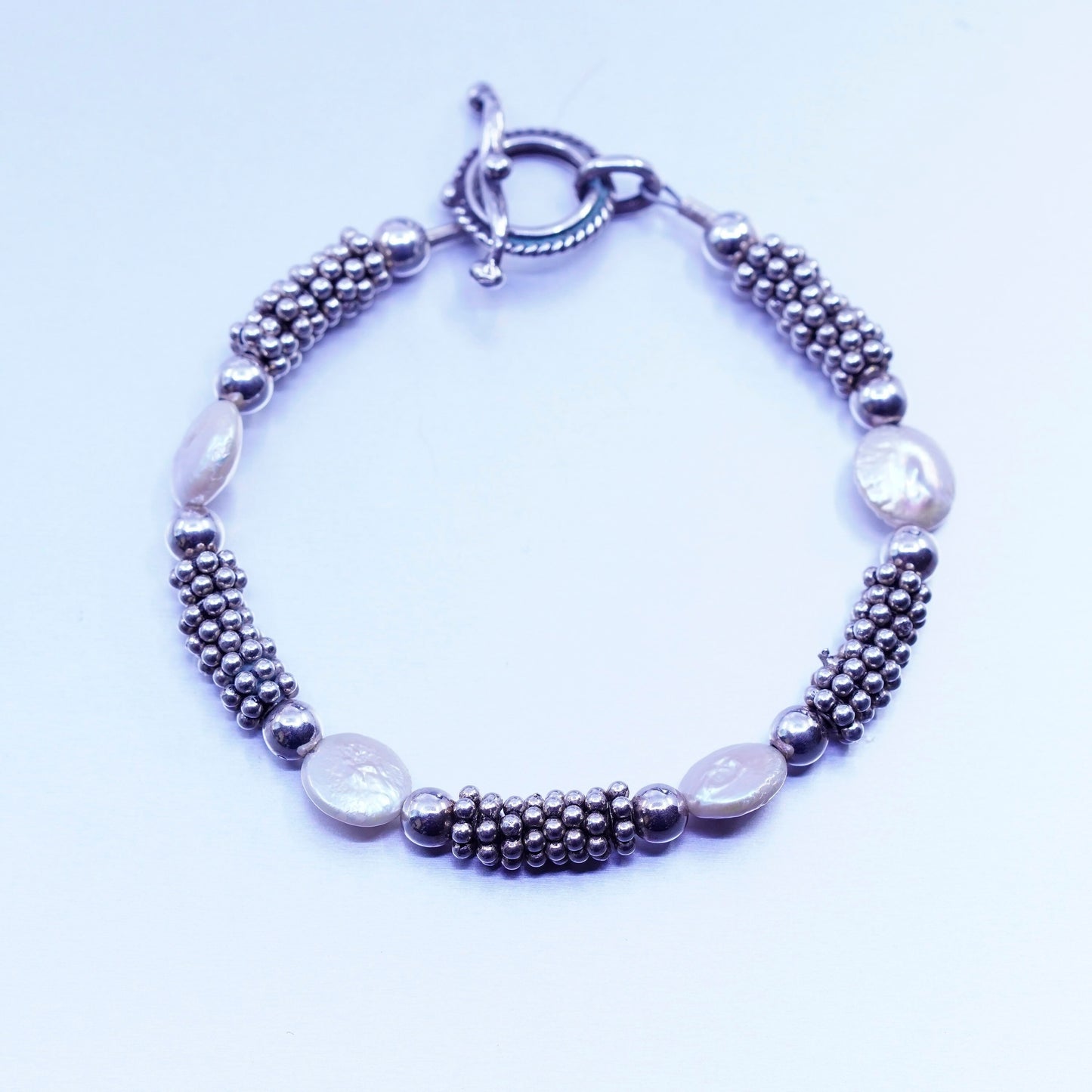 6.5”, vintage Sterling 925 silver bracelet with freshwater coin pearl
