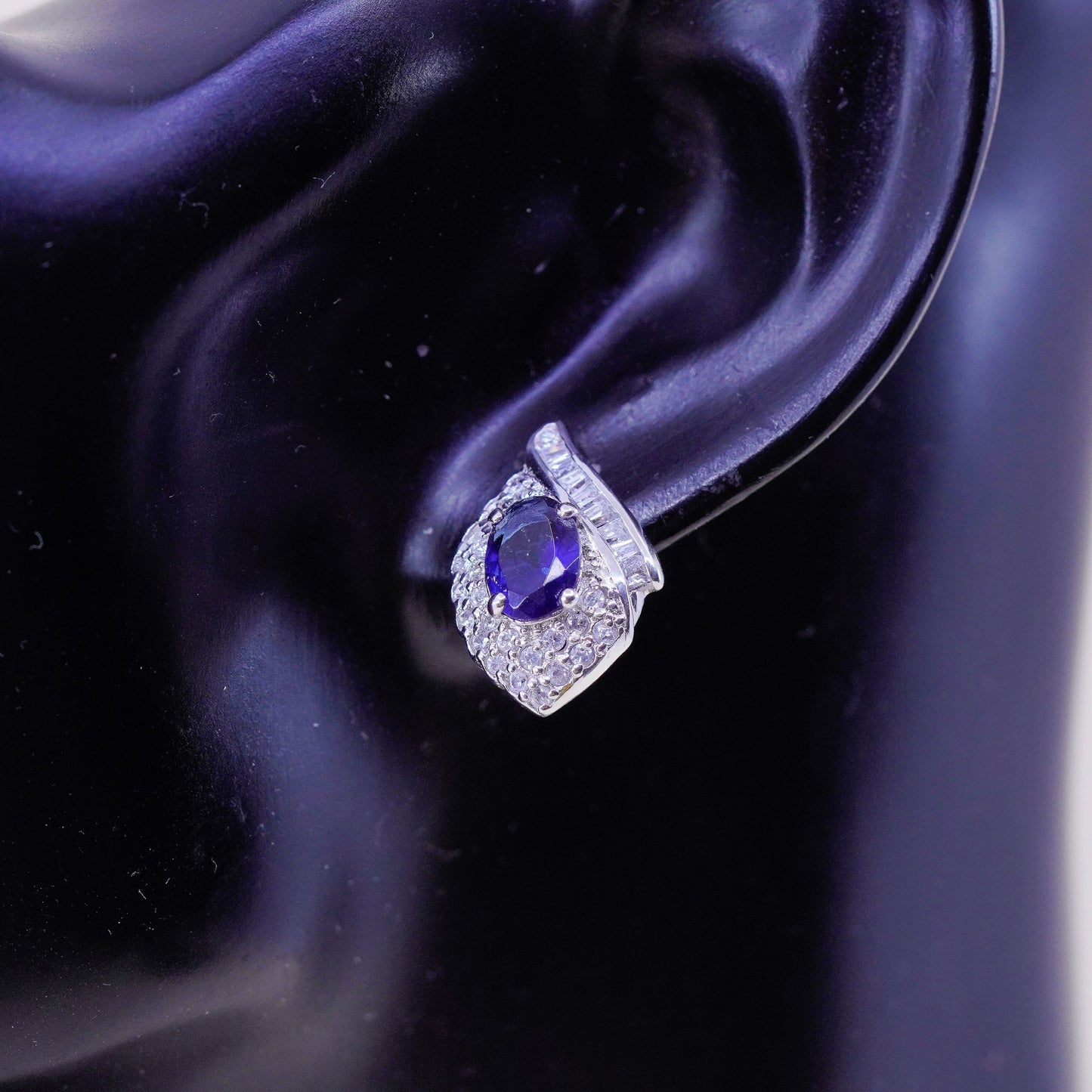 Sterling silver handmade earrings, 925 flower studs with cluster sapphire Cz