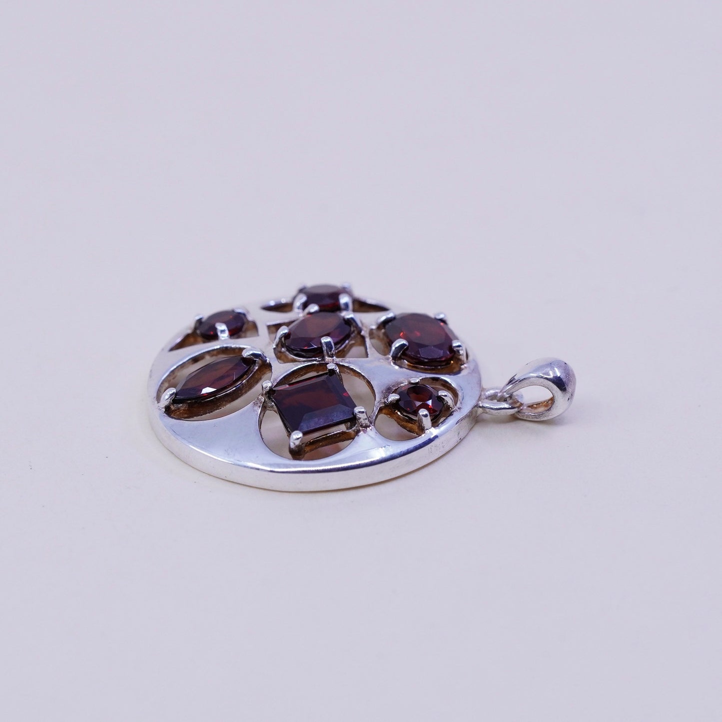 Vintage sterling silver handmade pendant, modern 925 circle with ruby