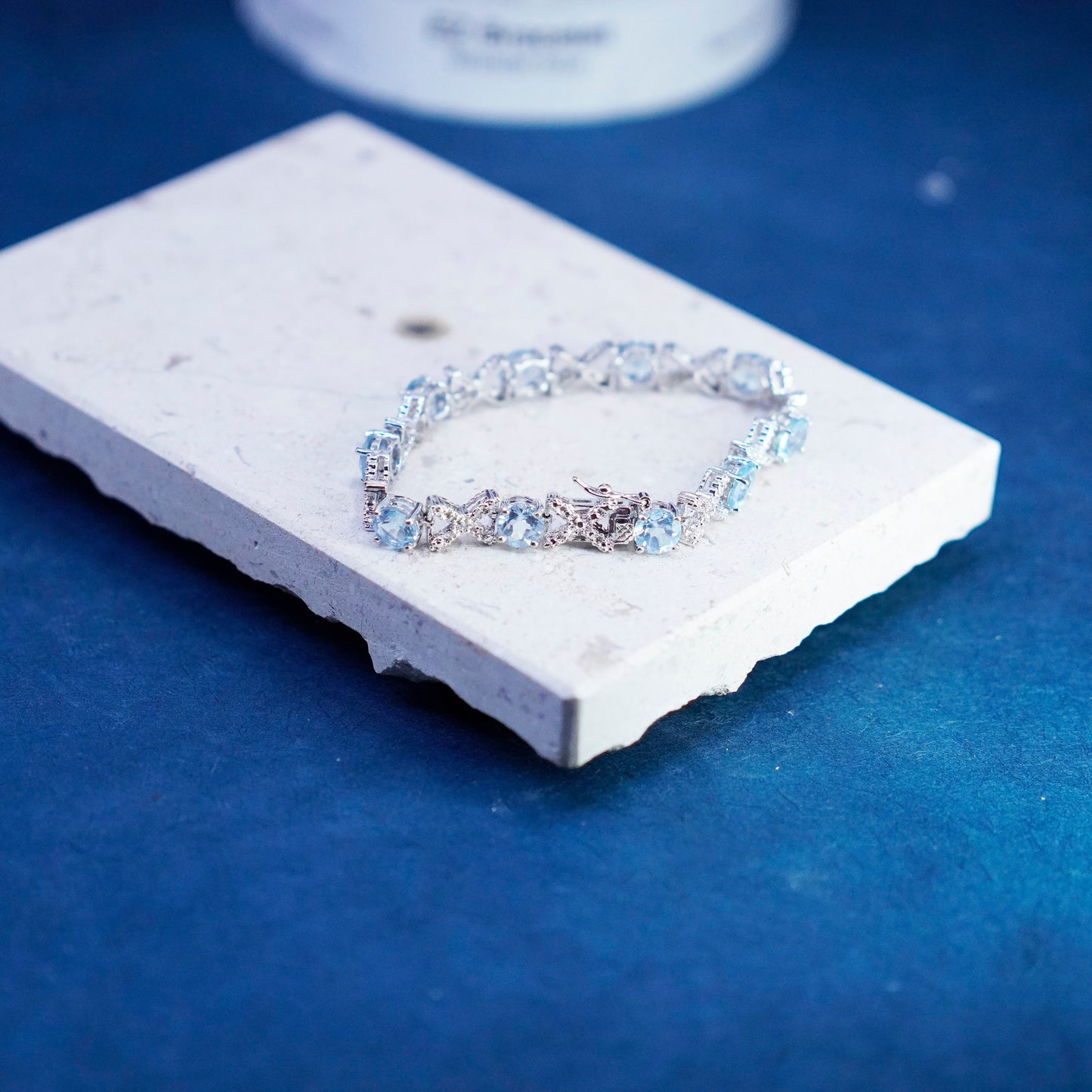 7”, vintage Sterling 925 silver tennis bracelet with topaz and diamonds