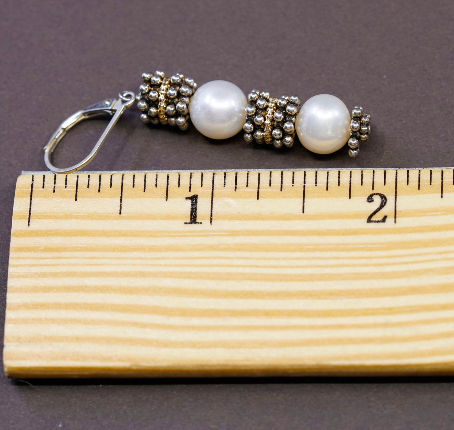 14K yellow gold trim w/ Sterling silver handmade earrings, 925 beads w/ pearl