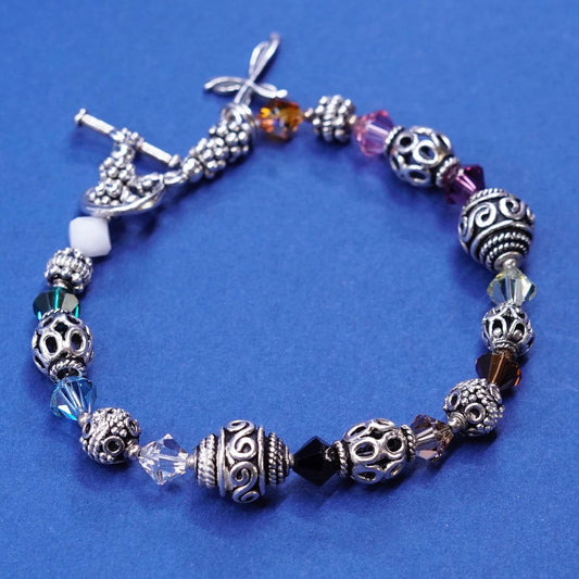 6.5", vtg Sterling 925 silver handmade bracelet w/ Crystal beads N cross charm