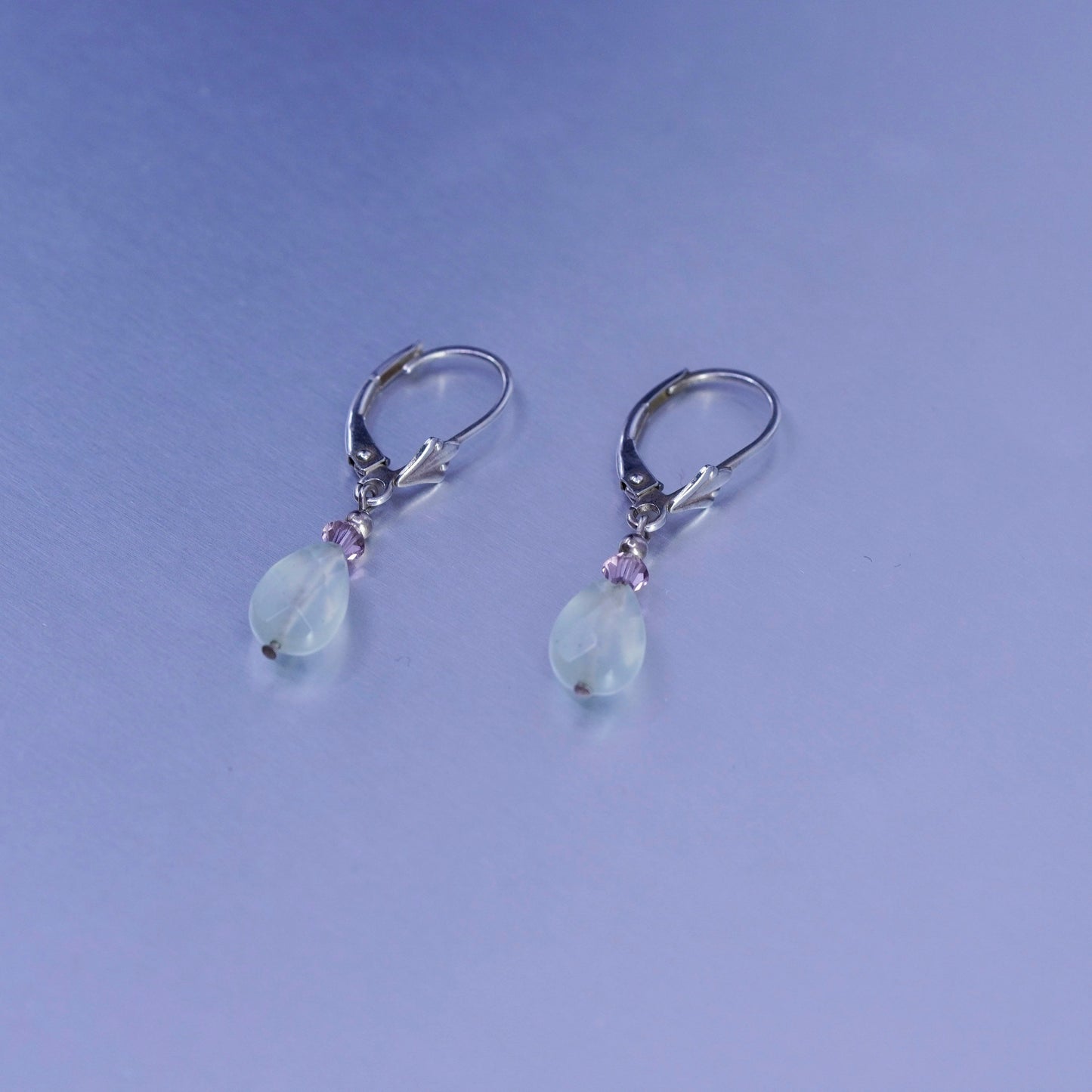 vtg designer Sterling 925 silver handmade earrings teardrop prehnite amethyst