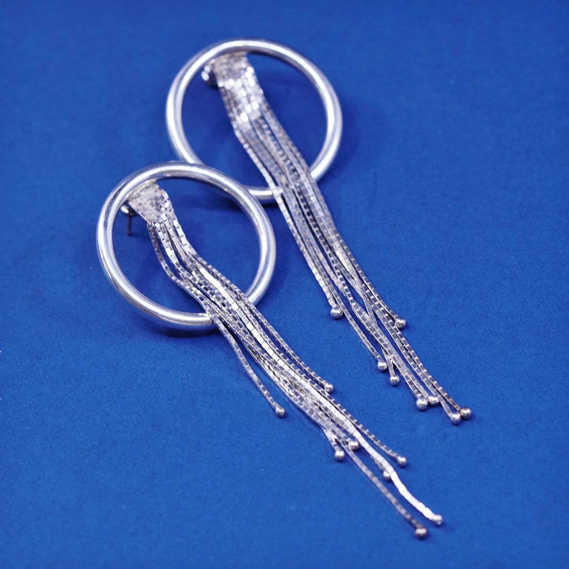 vtg Native American SH sterling silver earrings, 925 circle w/ fringe dangles
