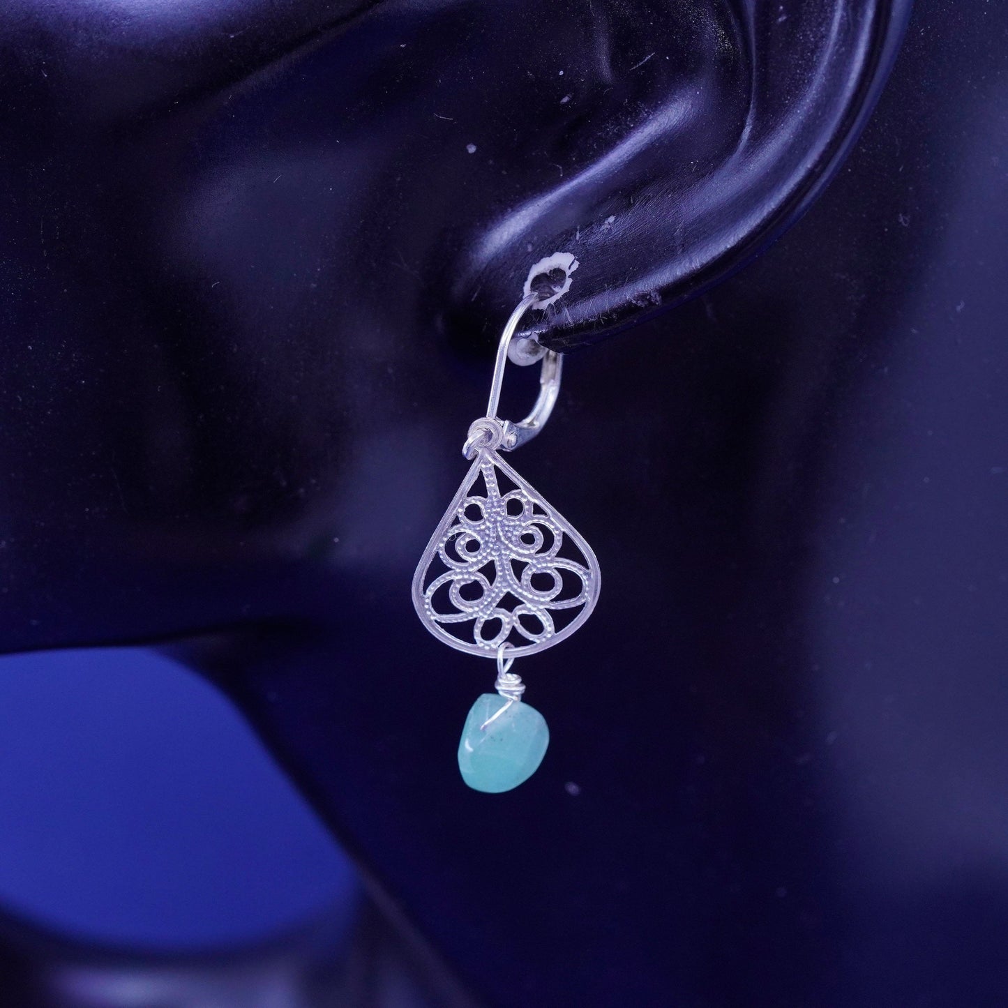 Vintage sterling 925 silver handmade filigree earrings with teardrop jade