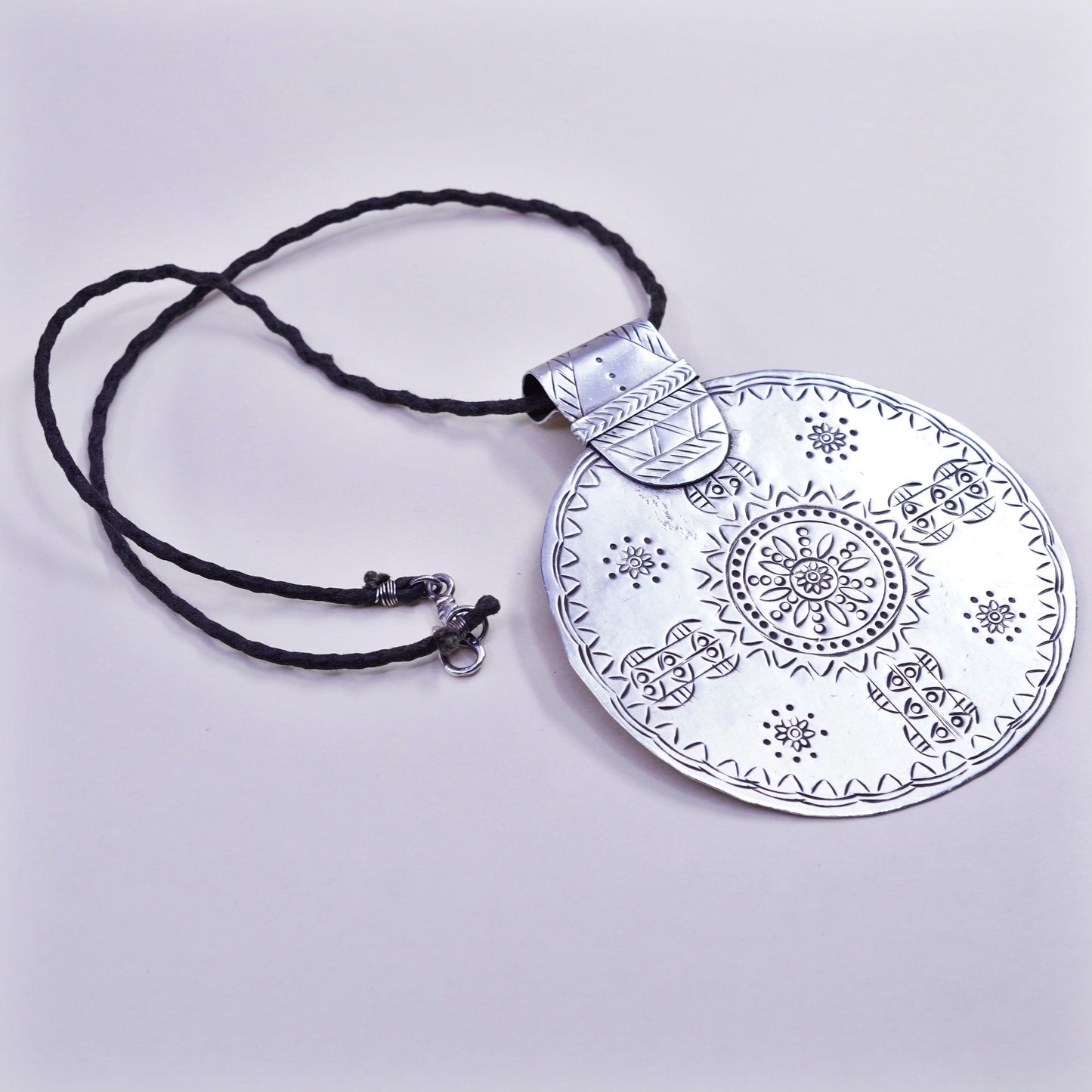 16”, Vintage sterling silver handmade necklace, 925 round pendant linen thread