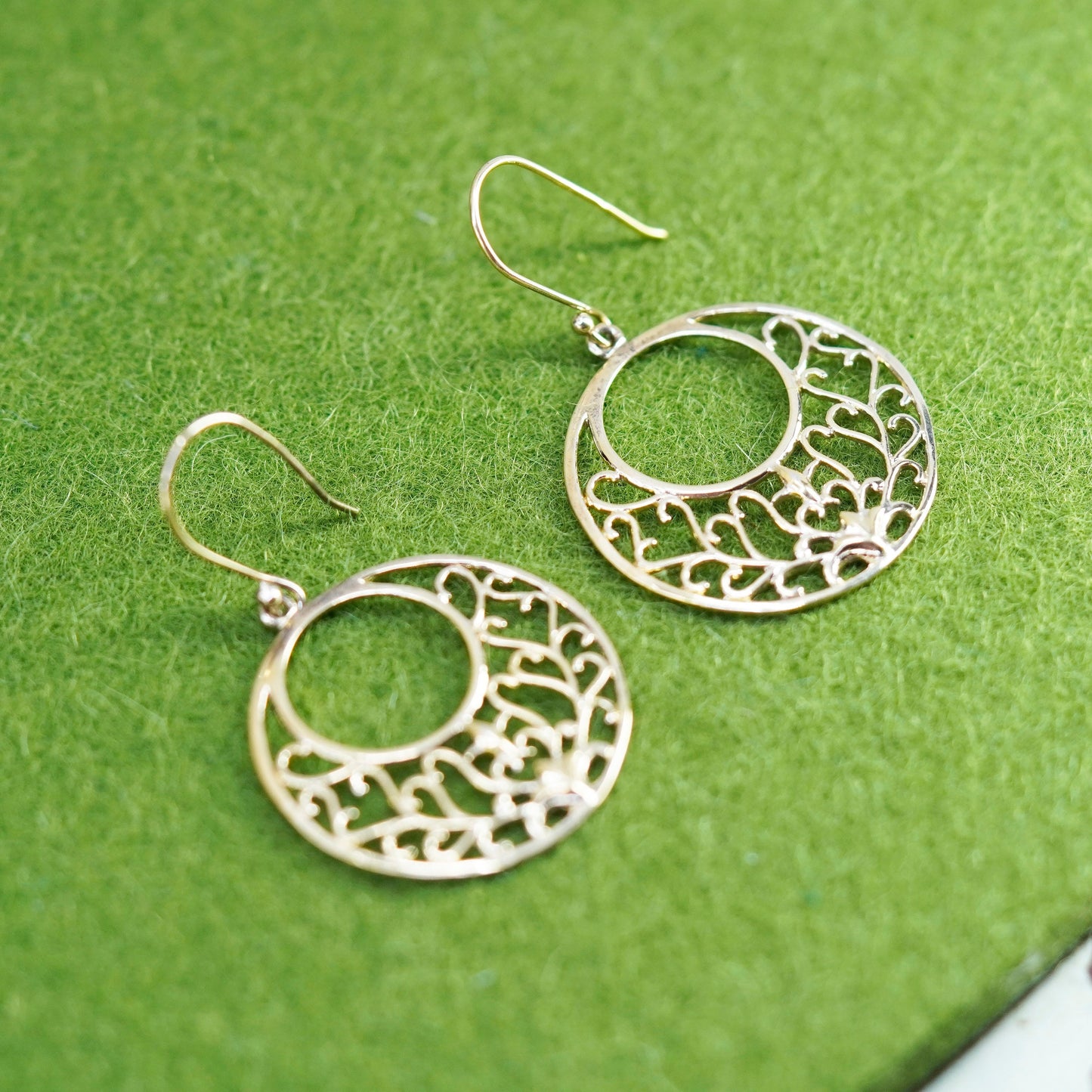 vermeil gold over Sterling silver earrings, 925 filigree circle disc dangles