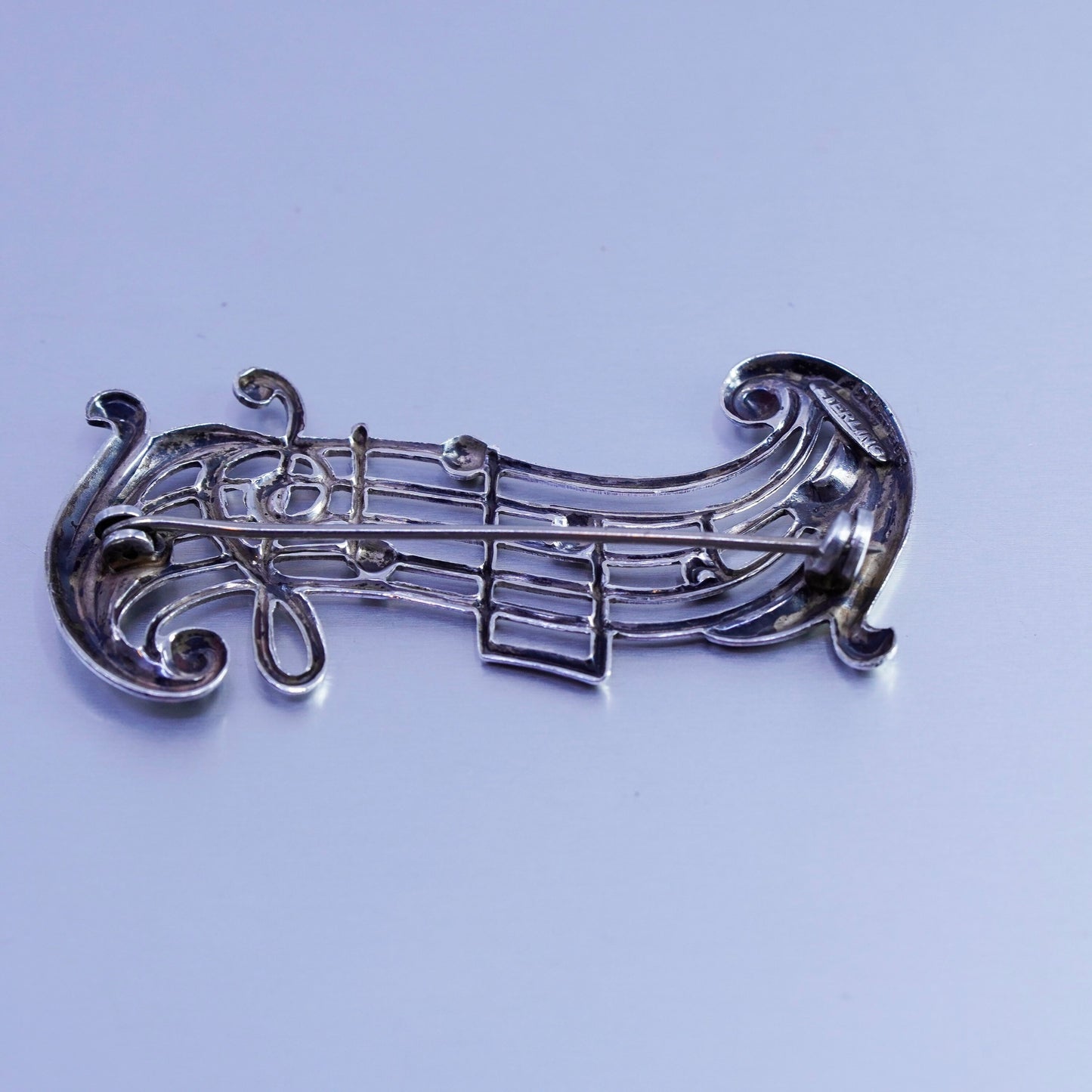 Vintage sterling silver handmade brooch, 925 music symbol pin