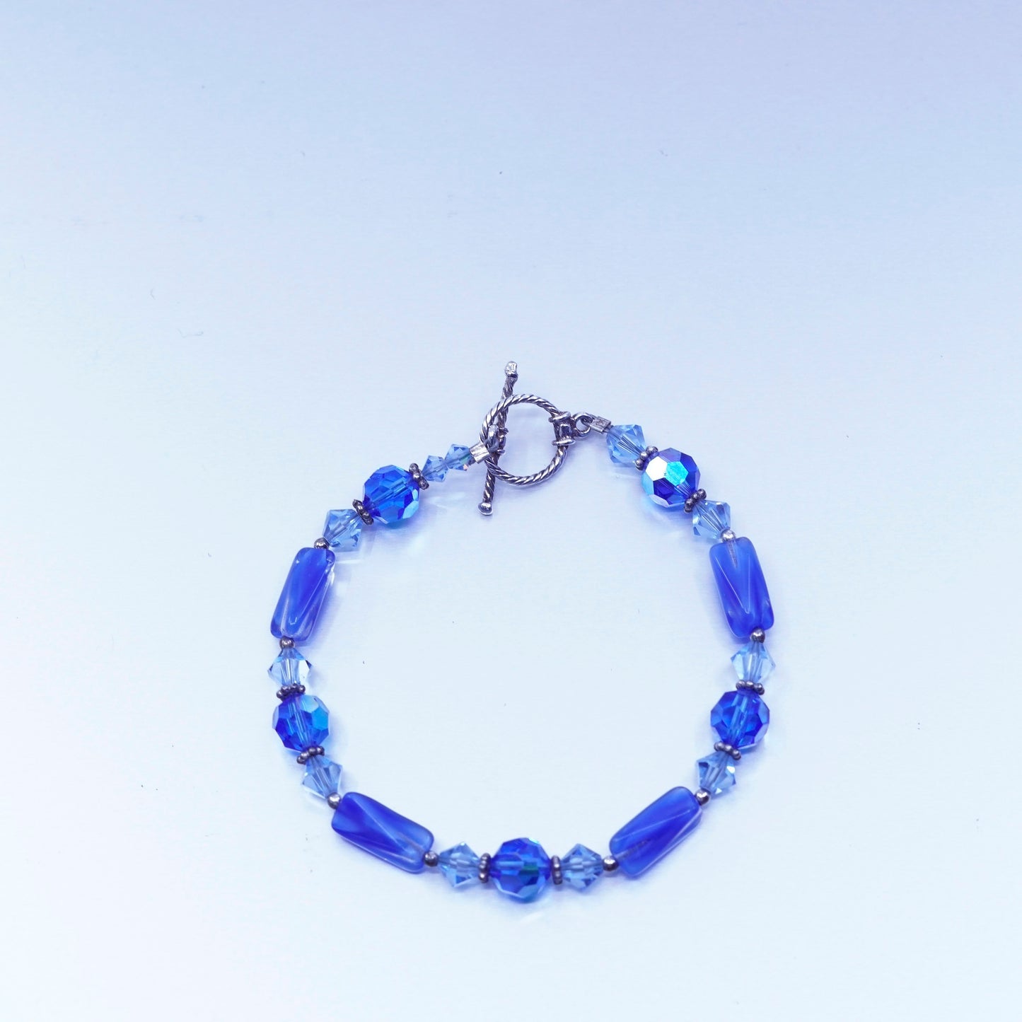 7”, vintage Sterling 925 silver bracelet with blue crystal beads toggle closure