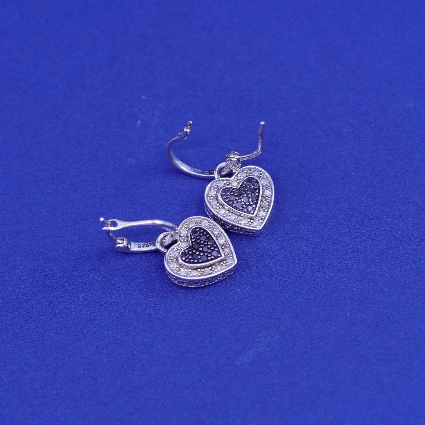 Vintage DLC two tone Sterling silver earrings, 925 hooks with diamond heart