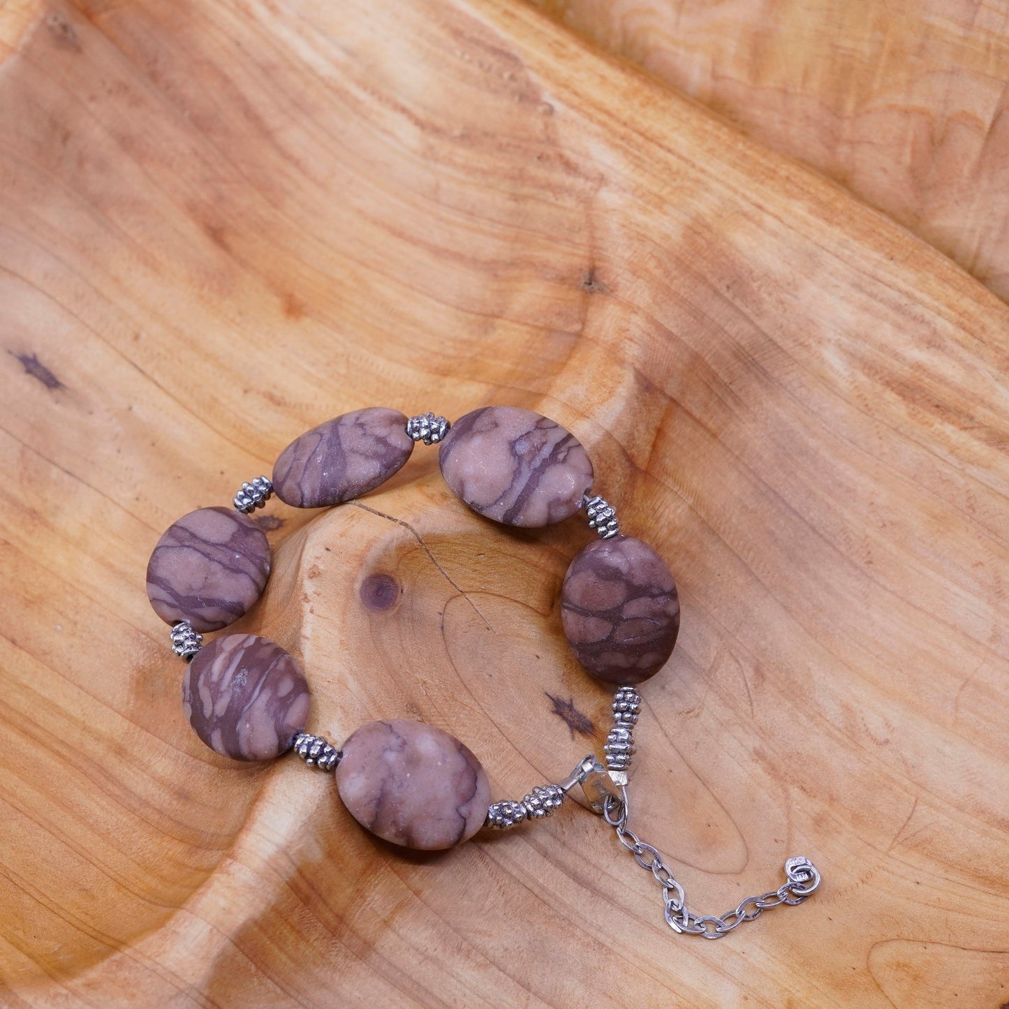 6.75+1.5”, Sterling 925 silver handmade bracelet with Jasper nuggets bracelet