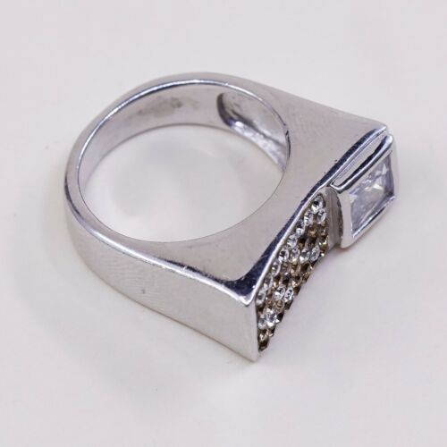 Sz 7, Vtg Sterling Silver Handmade Ring, 925 Silver Statement Band W/ Cluster Cz