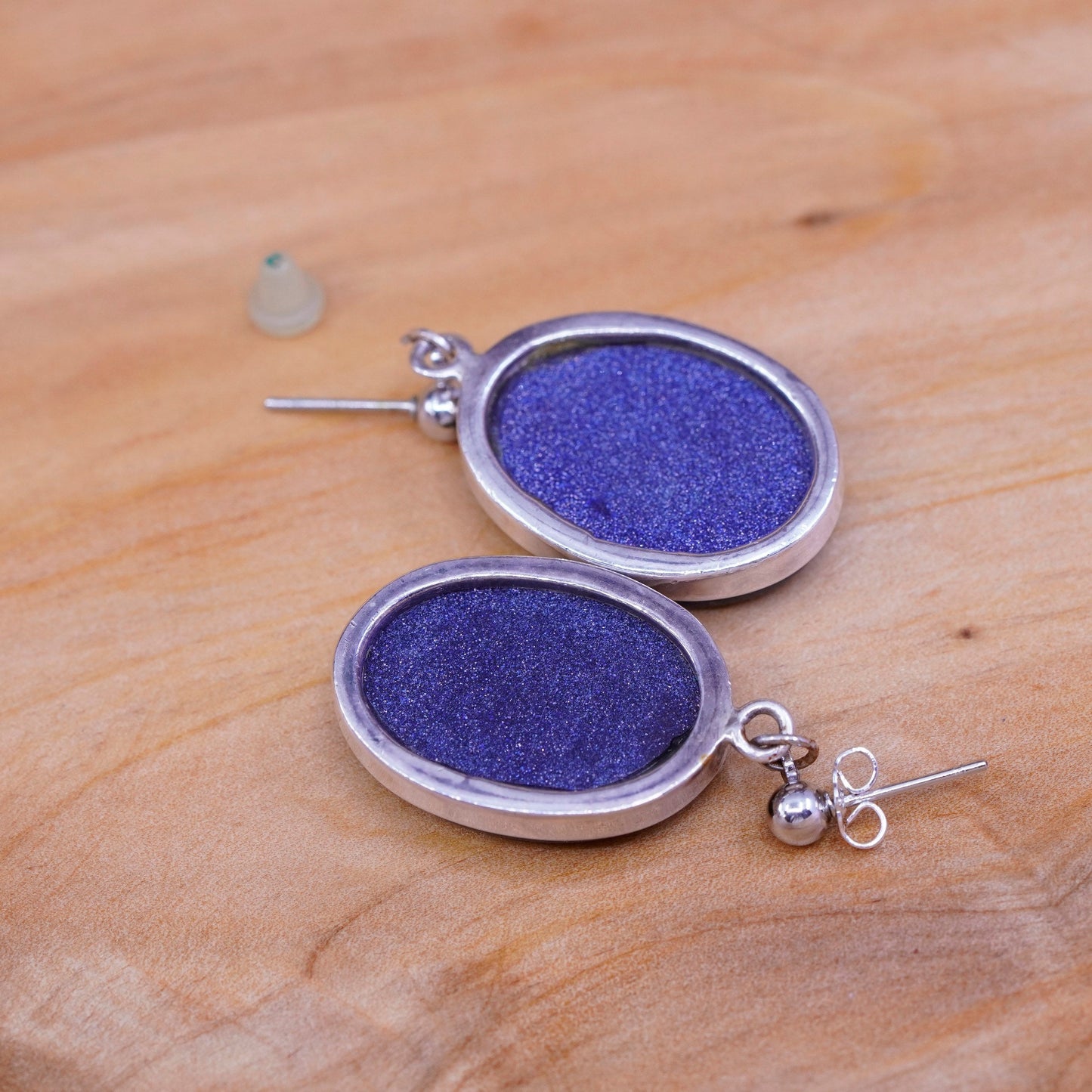 Vintage sterling 925 silver handmade earrings with oval blue goldstone dangle