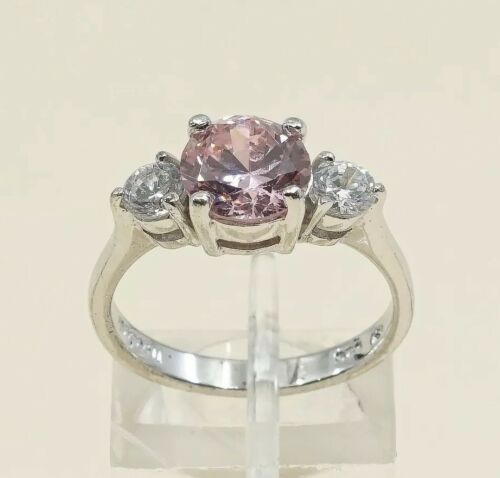 Sz 7.25, Gold Over Sterling Ring, 925 Silver Engagement Ring W/ Pink Crystal