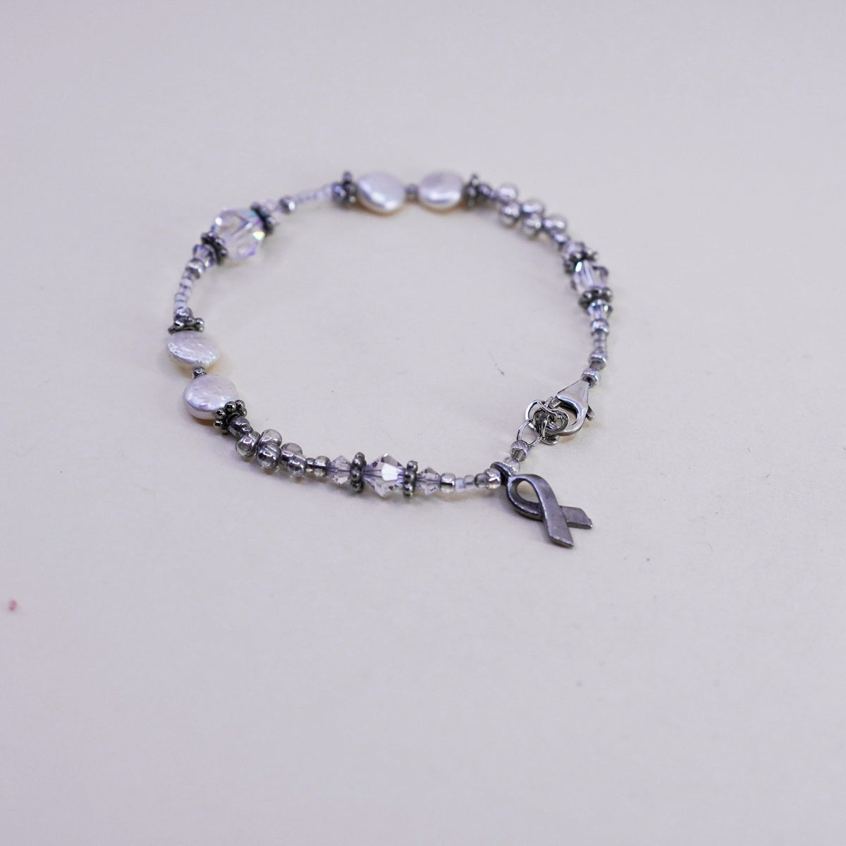 7”, Sterling silver bracelet, 925 pearl beads breast cancer cure ribbon charm