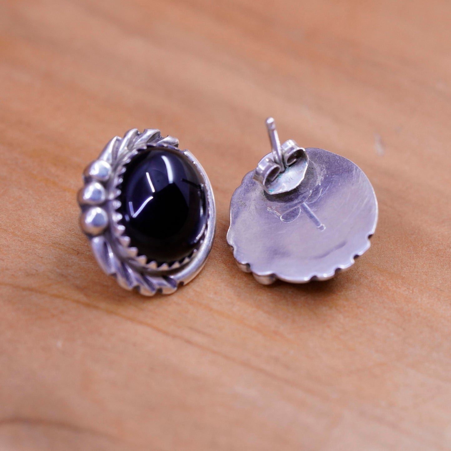 Vintage Sterling silver handmade earrings, southwestern 925 studs with obsidian