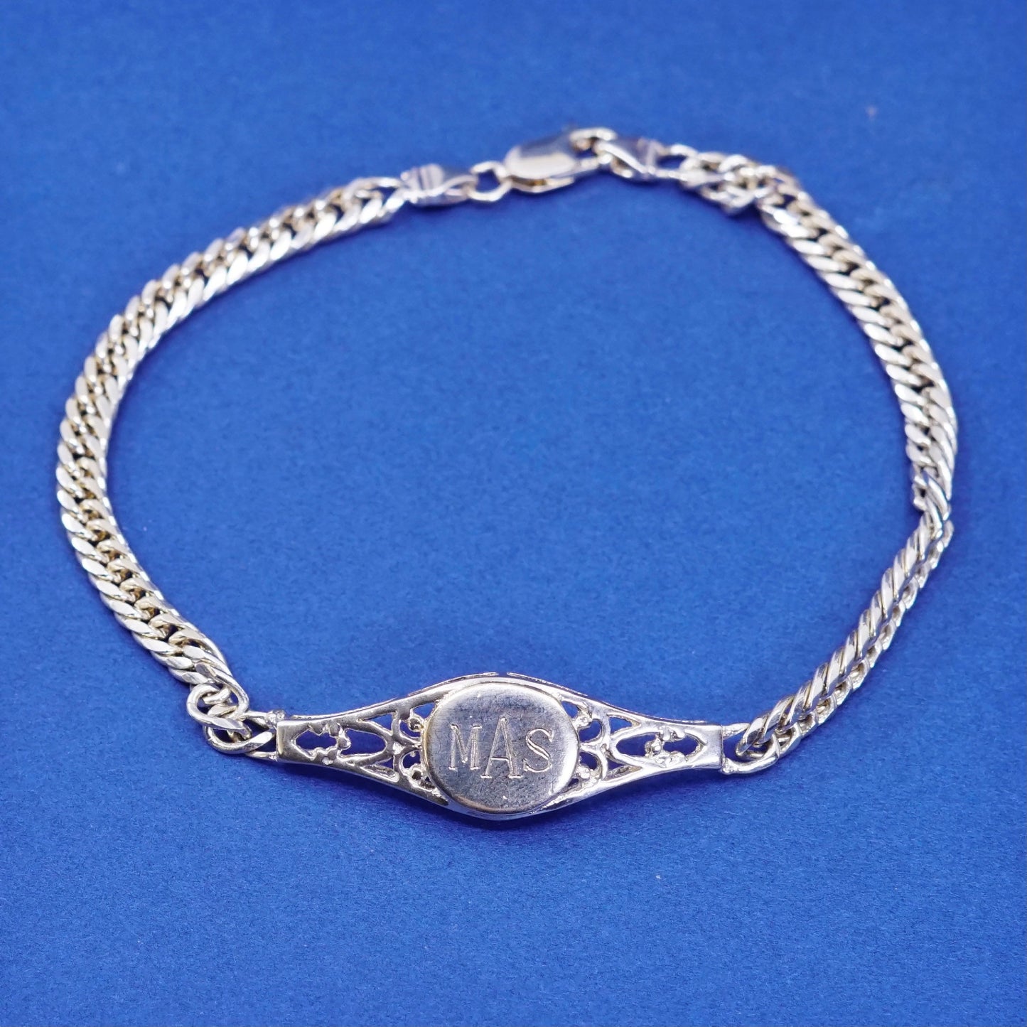 7.25”, vintage vermeil gold over Sterling silver bracelet, 925 curb chain “MAS